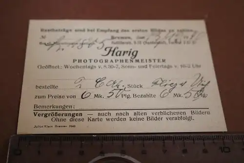 toller alter Abholschein ?? Harig Photografenmeister - Bremen 1940