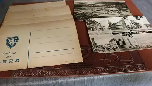 sieben große Karten - Gruss aus Gera und Erfurt - vier noch im Umschlag 