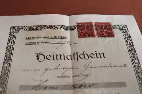toller alter Heimatschein Bezirk Eger - Böhmen - 1921