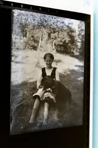 tolles altes Glasnegativ - junges Mädchen mit Hund