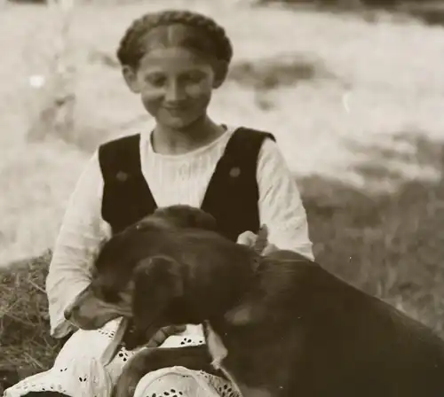 tolles altes Glasnegativ - junges Mädchen mit Hund