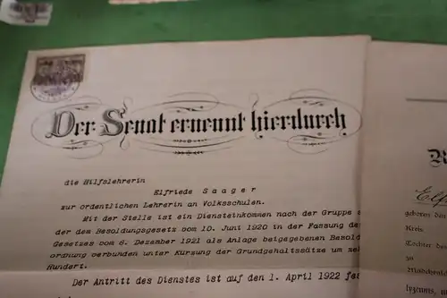 zwei tolle alte Dokumente aus Bremen Anstellungsurkunde Senat 1922 und Zeugnis