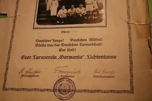 tolle alte Erinnerungsurkunde Turnverein Germania Lichtentanne 1928