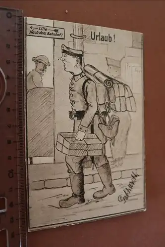 tolle alte Karte - Soldat mit vollem Gepäck - Urlaub - Champagne  1916