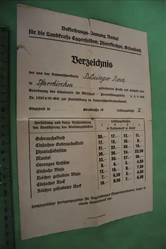 interessantes Dokument - Bekleidungs-Innung Rottal - Damenschneiderhandwerk 1944