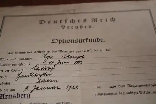 tolle alte Optionsurkunde und Bestätigung  einer Frau aus Arnsberg 1922