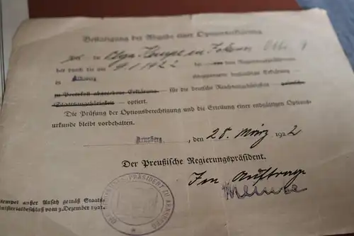 tolle alte Optionsurkunde und Bestätigung  einer Frau aus Arnsberg 1922