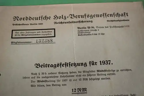 tolles altes Blatt Beitragsfestsetzung 1937 Norddeutsche Holz-Berufsgenossenscha