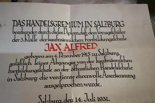 tolles altes Diplom des Handelsgremiums in Salzburg 1931