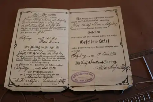 tolles altes Lehrzeugnis, Gesellenbrief Schneider Geselle - 1910 Satzung Marienb