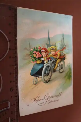 tolle alte Karte - Kitsch - Motorrad mit Beiwagen - Geburtstag  30er Jahre