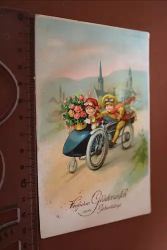 tolle alte Karte - Kitsch - Motorrad mit Beiwagen - Geburtstag  30er Jahre 