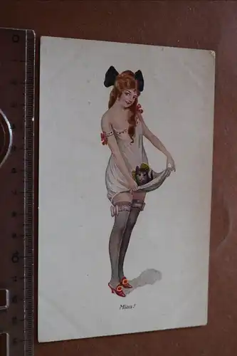 tolle alte Künstlerkarte - Art Intime - Frau hebt Rock für Katze - Miau - 1923