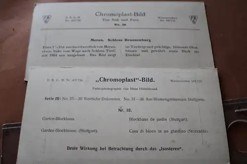 zwei tolle alte Chromoplast Bilder - Schloss Brunneburg u Garten-Blockhaus 