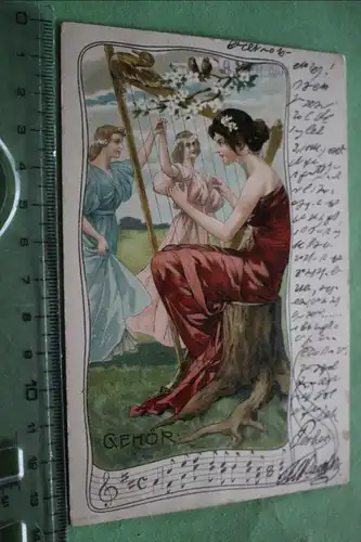 tolle alte Karte - Künstlerkarte ?? Frau mit Harfe - 1904