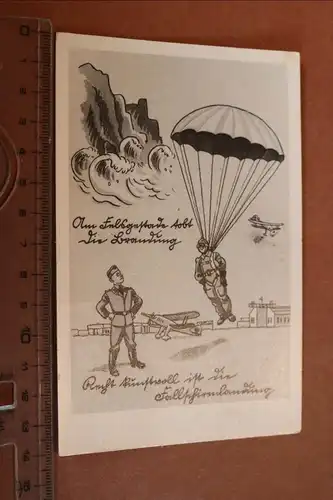 tolle alte Karte Karikatur - Flugzeug, Flugplatz Soldat am Fallschirm