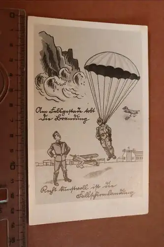 tolle alte Karte Karikatur - Flugzeug, Flugplatz Soldat am Fallschirm 