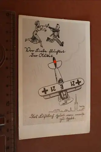tolle alte Karte Karikatur - Flugzeug, Frau will Mann fangen 