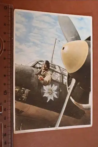 tolle alte Karte in Farbe - Flugzeugkanzel mit Edelweiss und Pilot