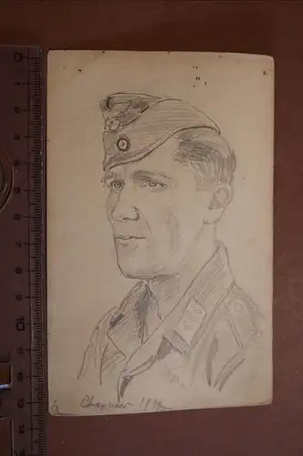 tolle alte Handzeichnung Portrait eines Soldaten der Luftwaffe Charkow 1942