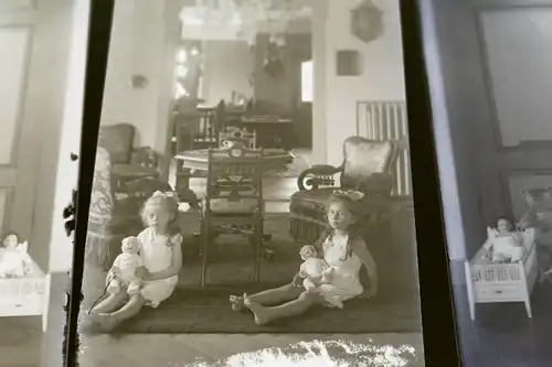 drei tolle alte Glasnegative - Mädchen mit Teddybären und Puppen -20-30er Jahre