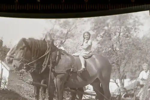 tolles altes Negativ -Mädchen auf Pferd - Landmaschine  30er Jahre ?
