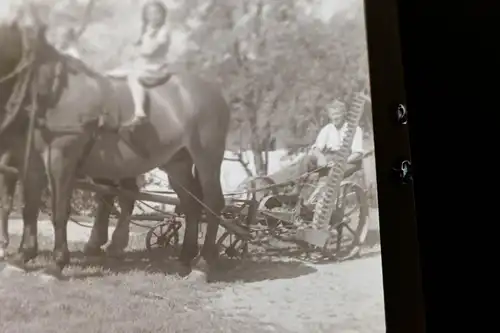 tolles altes Negativ -Mädchen auf Pferd - Landmaschine  30er Jahre ?