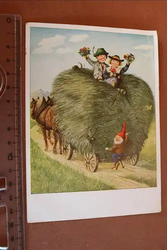 tolle alte Karte - Kitsch - Heu-Ernte - Wichtel -   30-40er Jahre 