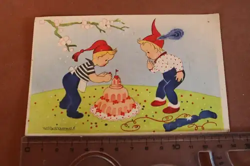 tolle alte Karte - Künstlerkarte - zwei Kinder mit Torte Willy Schermel