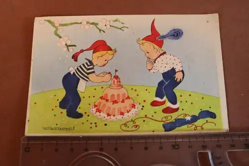 tolle alte Karte - Künstlerkarte - zwei Kinder mit Torte Willy Schermel 