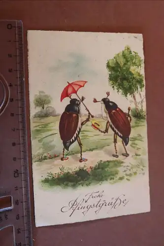 tolle alte Karte - Pfingstgrüße - Maikäfer mit Regenschirm