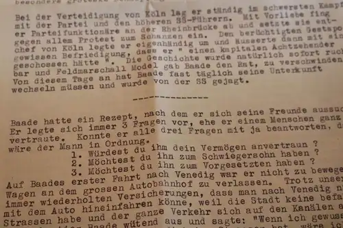 drei Blätter Erzählungen über Generalmajor  Baade - Zeugenaussagen ?? 1944/45