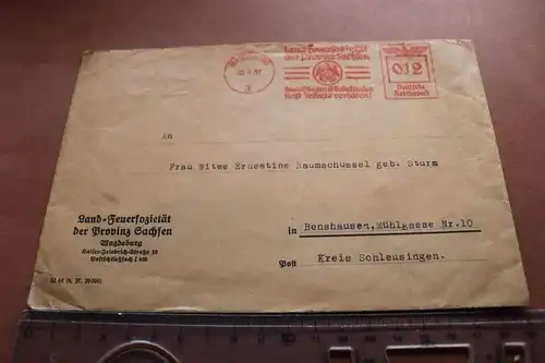 alter Briefumschlag Stempel Land-Feuersozietät Provinz Sachsen 1937