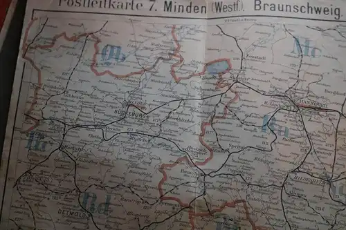 alte Postleitkarte 7 - Minden, Braunschweig, Magdeburg, Cassel, Erfurt  usw 1909