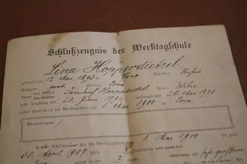 altes Schlusszeugnis Werktagschule Prex Bayern 1907
