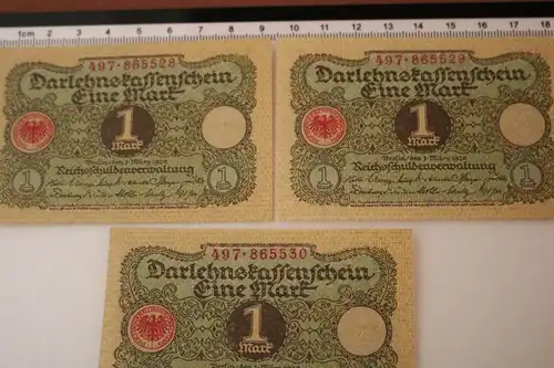 drei tolle alte Darlehnskassenscheine 1 Mark - 1920 - fortlaufende Nummern