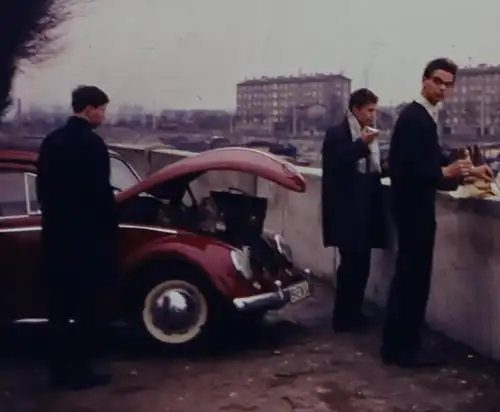 tolles altes Farbdia - drei junge Männer mit VW Käfer - 50-60er Jahre