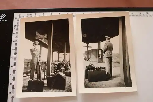 zwei alte Fotos - Soldat am Bahnsteig Bahnhof Gensingen-Horrweiler