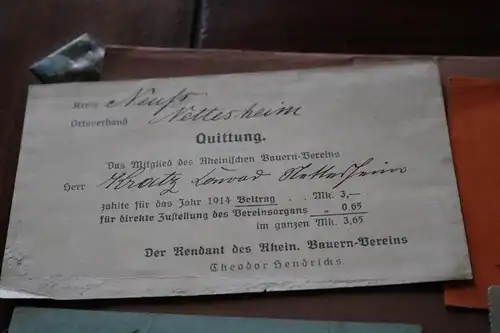sechs alte Quittungen des Rhein. Bauerns-Vereins 1906-1915