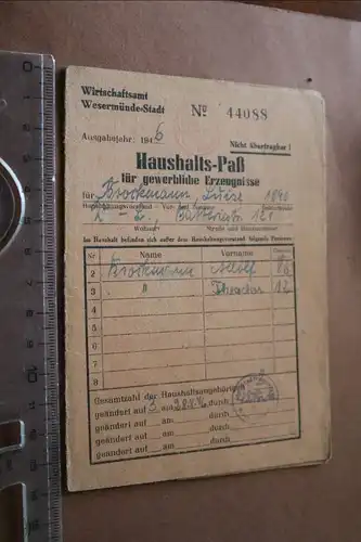 alter Haushalts-Paß  für gewerbliche Erzeugnisse Wesermünde 1946