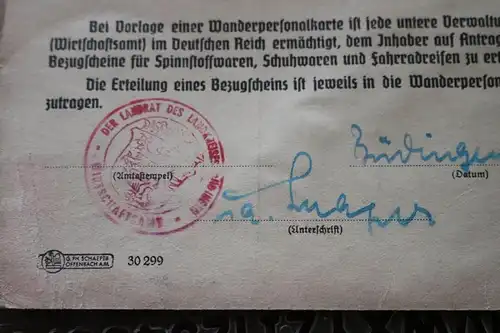 alter Wanderpersonalkarte - 1949  Landkreis Büdingen