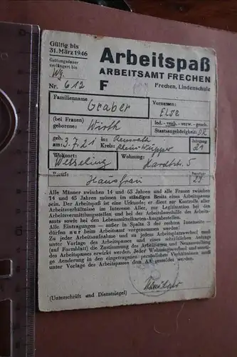alter Arbeitspaß Arbeitsamt Frechen 1945/46