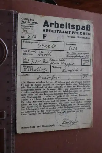  alter Arbeitspaß Arbeitsamt Frechen 1945/46