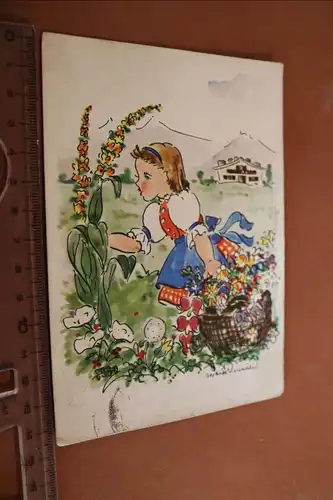 tolle alte Künstlerkarte ? Mädchen pflückt Blumen  1946