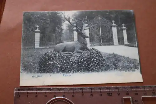 tolle alte Karte - Denkmal Hirsch - Parktor Karlsruhe 1914