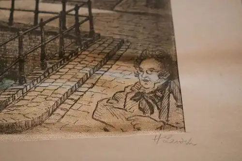 tolle alte original Radierung auf Seide - H.Leisch - Dreimäderlhaus mit Selbstpo