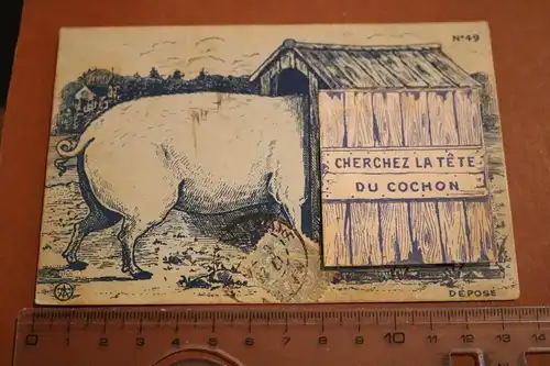 tolle alte Karte - Schwein in einer Hütte  zum aufklappe , Metallplatte ? 1900-1