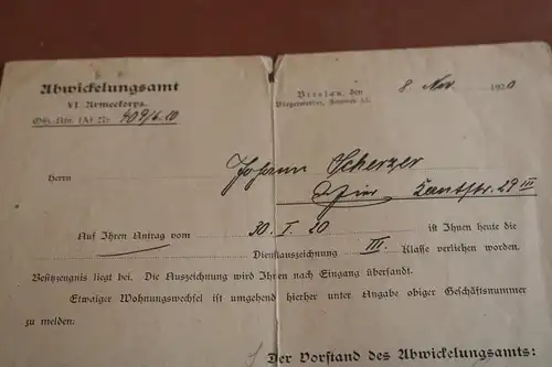 altes Schreiben des Abwicklungsamtes VI. Armeekorps Breslau - Dienstauszeichnung