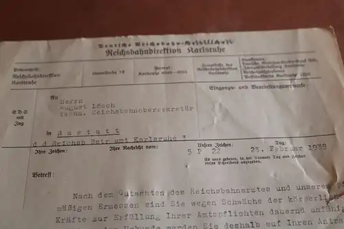 altes Schreiben von  der Reichsbahndirektion Karlsruhe 1939