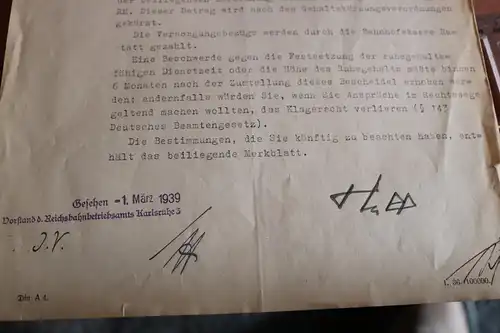 altes Schreiben von  der Reichsbahndirektion Karlsruhe 1939